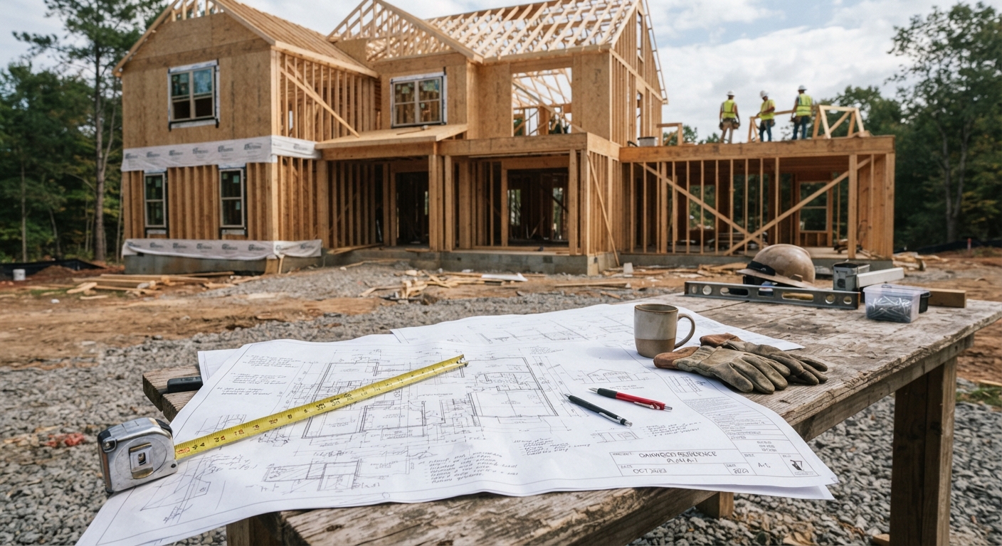 Architectural house plans on a construction workbench in front of a wood-framed home under construction, with workers in the background